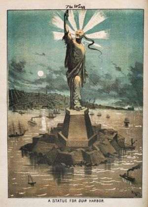Caricatura "A Statue for Our Harbor", aparută in 1881 în publicaţia americană "The Wasp" este în mod explicit o satiră rasistă îndreptată împotriva imigranţilor chinezi, care erau intens demonizaţi în California în acea perioadă.Titlul "A Statue for Our Harbor" ("O statuie pentru portul nostru") este o expresie cu tentă ironică, sugerând că, în locul unei statui a libertăţii (ca în portul New York), portul San Francisco ar "merita" o statuie care reflectă realitatea imigraţiei percepute negativ - în acest caz, a imigranţilor chinezi.